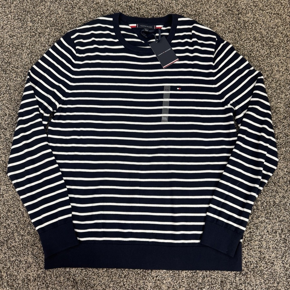 Tommy Hilfiger Striped Knit Sweater Navy White Cotton XXL Men Preppy Classic